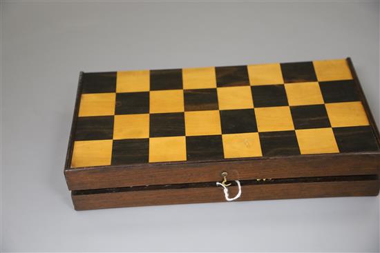 A figural silvered and gilded metal chess set in fitted rosewood and boxwood folding box/chess board, c.1860, Board size : 31cm x 31 cm